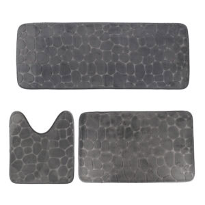 Dark gray 3-piece pebble bathroom mat set with runner, bath, and contour mats