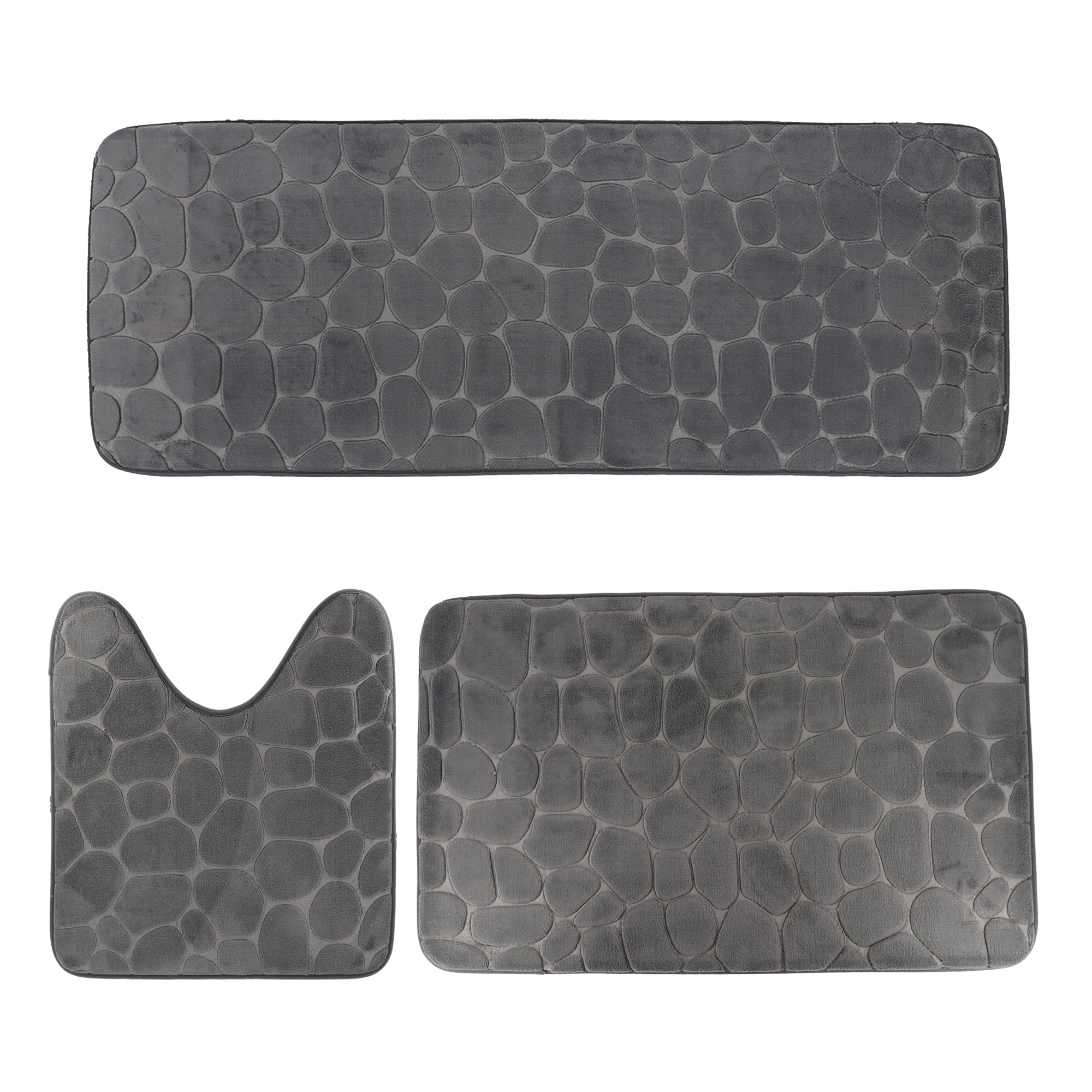Dark gray 3-piece pebble bathroom mat set with runner, bath, and contour mats