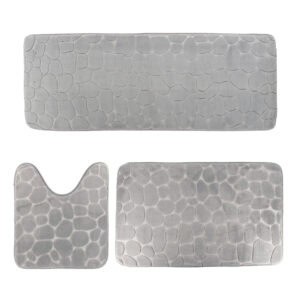 Light gray 3-piece pebble bathroom mat set with runner, bath, and contour mats