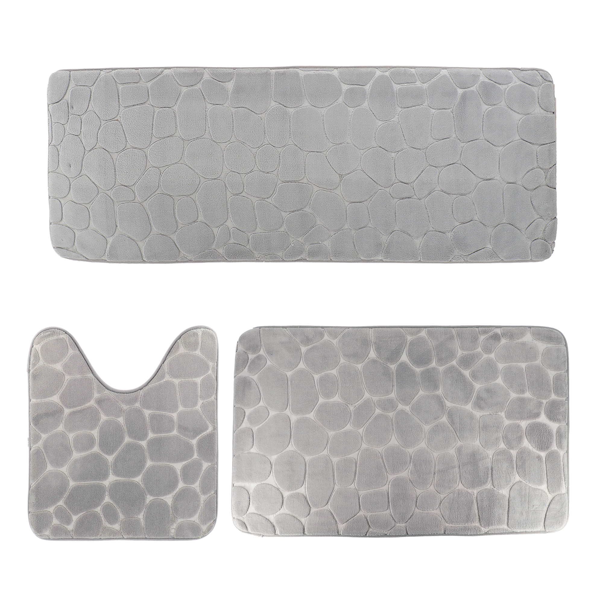 Light gray 3-piece pebble bathroom mat set with runner, bath, and contour mats