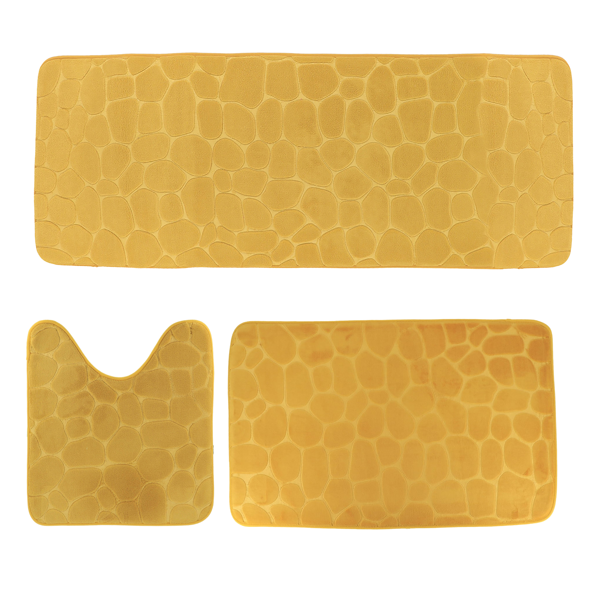 Mustard yellow 3-piece pebble bathroom mat set with runner, bath, and contour mats