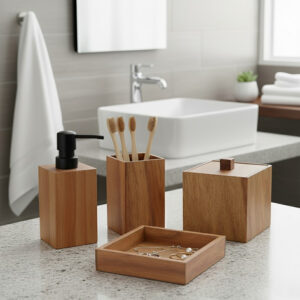 “Acacia soap dispenser, toothbrush holder, box, and tray on bathroom counter”