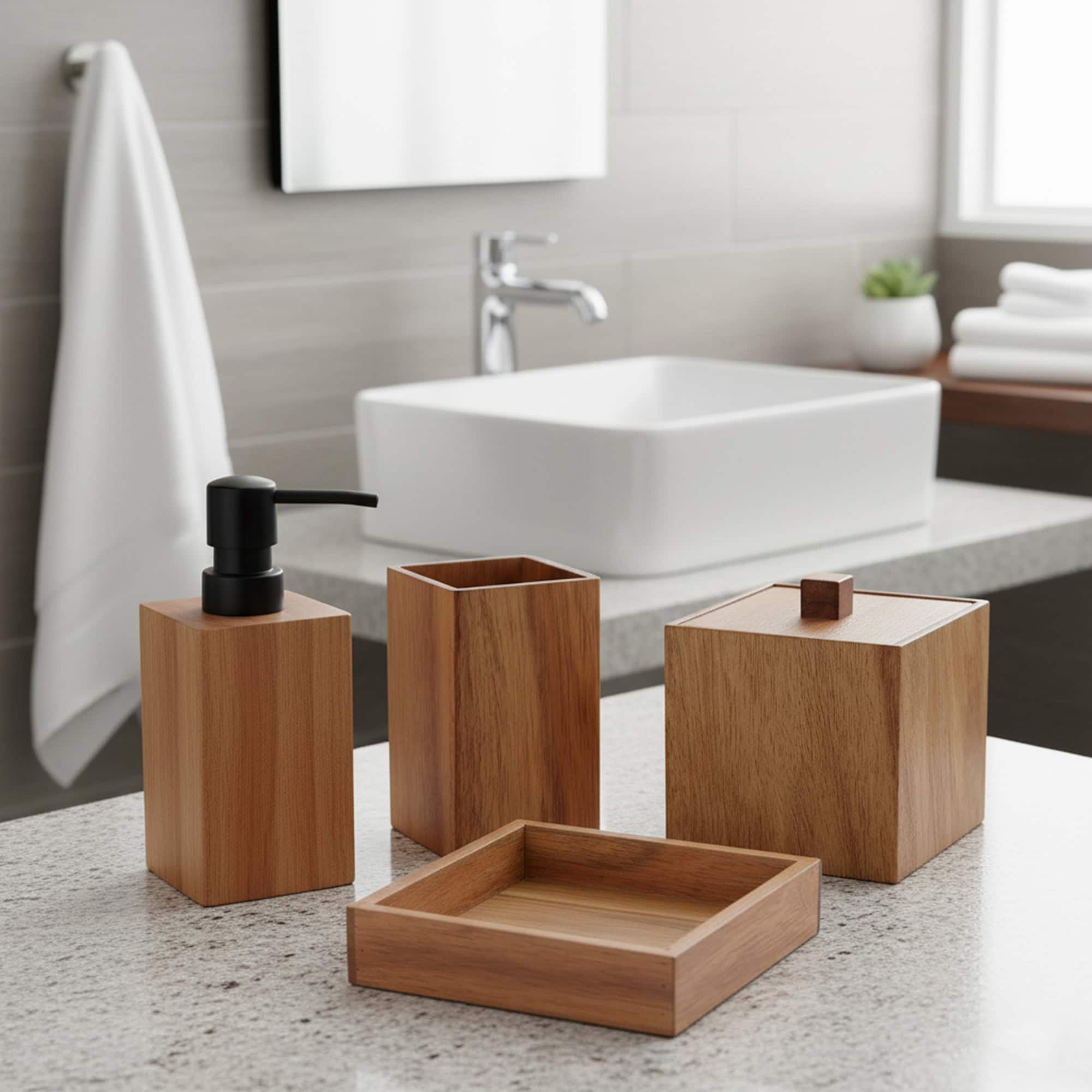 “Acacia bathroom accessory set with dispenser, holder, box, and tray”