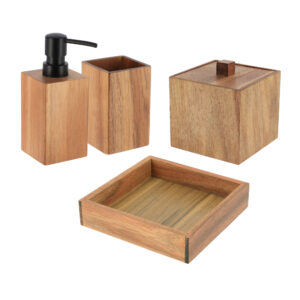 Four-piece acacia wood bathroom accessory set with dispenser, holder, box, and tray