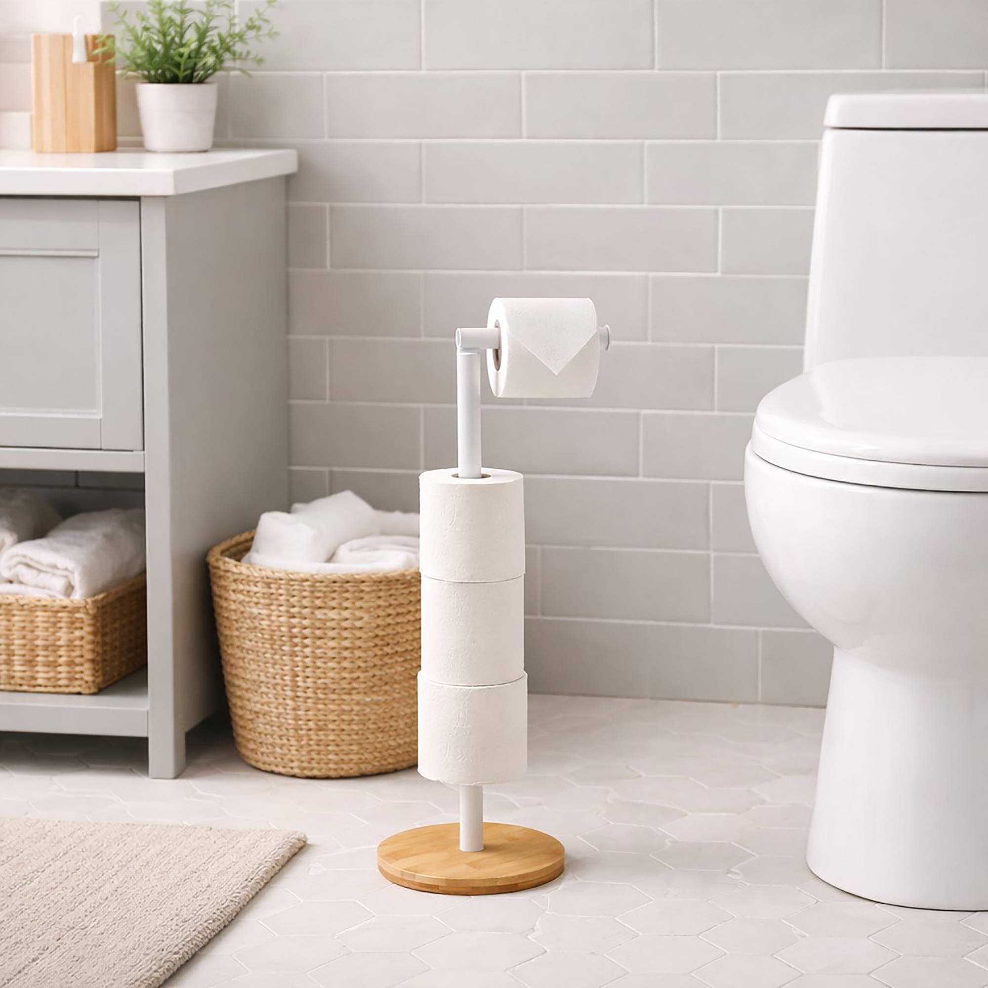 "White freestanding toilet paper holder with bamboo base holding 4 rolls, next to toilet in gray bathroom"