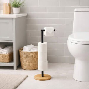 "Matte black freestanding toilet paper holder with bamboo base holding 4 rolls, next to toilet in gray bathroom"