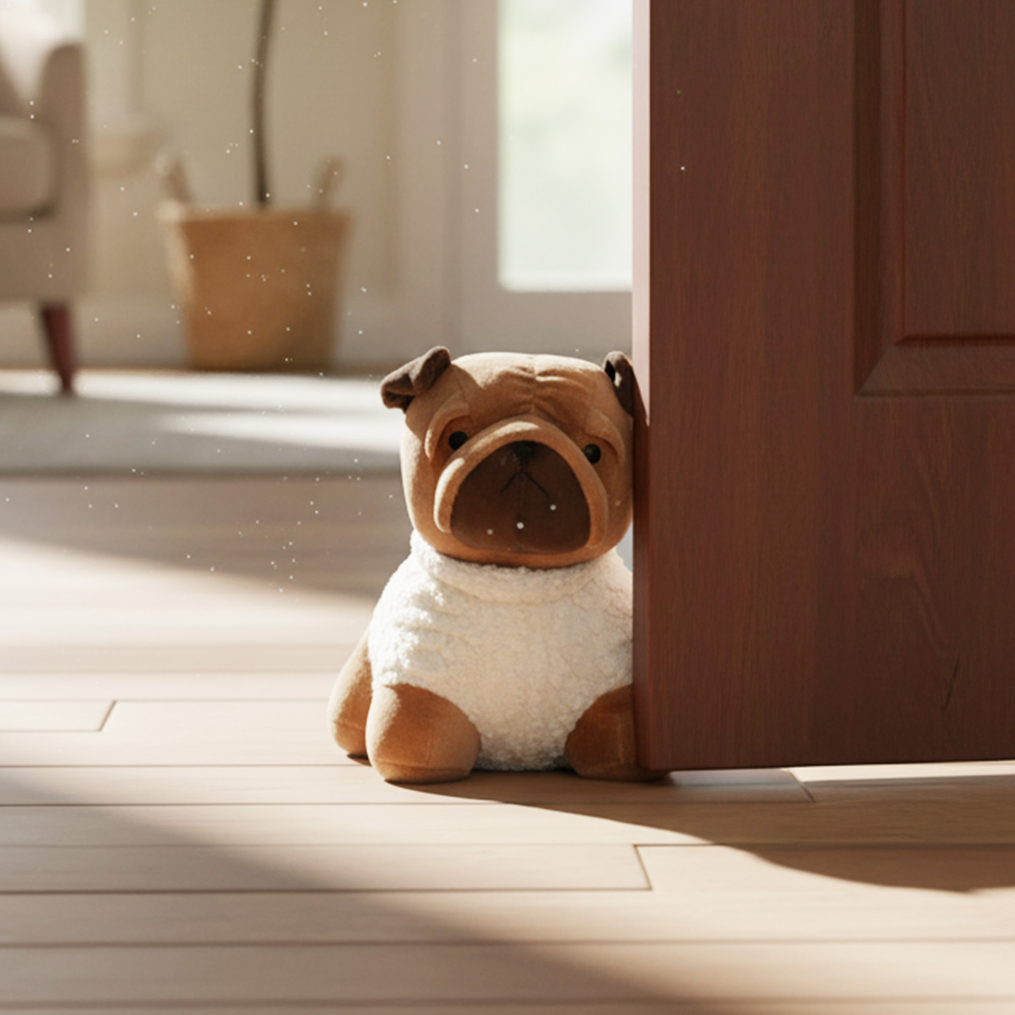 Plush pug door stopper with faux sherpa wool and microfiber body