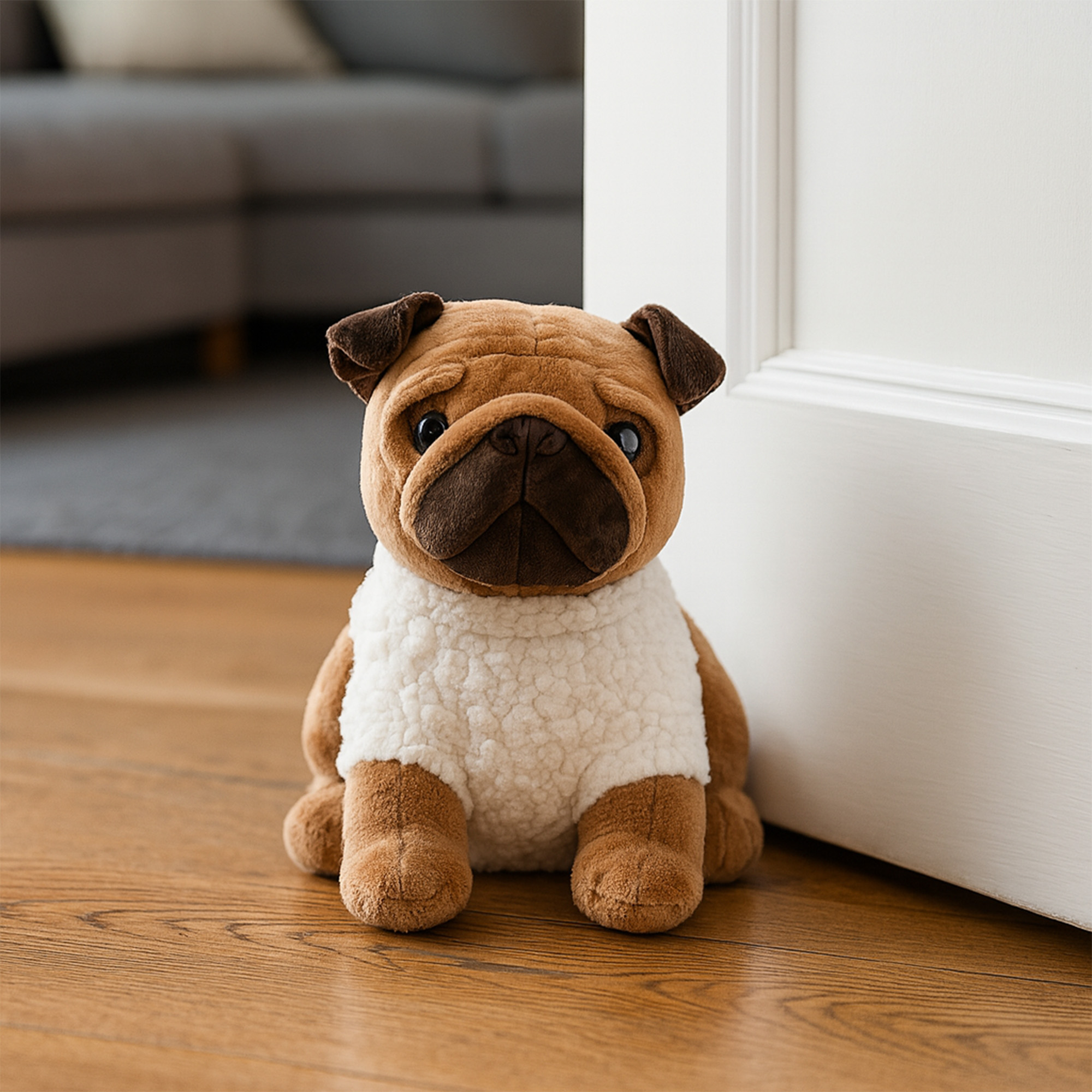 Plush pug door stopper with faux sherpa wool and microfiber body