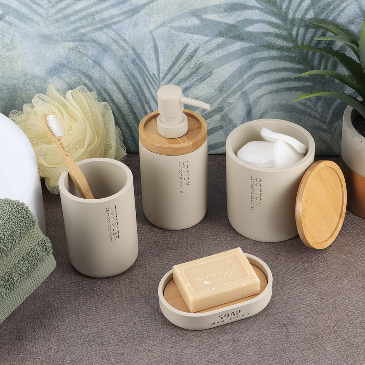 ET5WILLIS161-Beige-Lotion-Dispenser-Tumbler-Soap-Dish-and-Cotton-Jar-Display