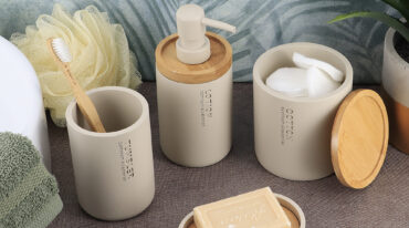 ET5WILLIS161-Beige-Lotion-Dispenser-Tumbler-Soap-Dish-and-Cotton-Jar-Display