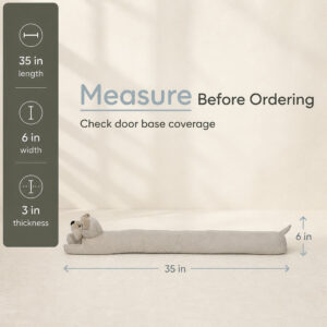 Dimension diagram of the dog draft stopper: 35 inches long, 6 inches wide, 3 inches thick.