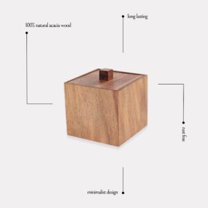 Acacia wood box with labeled features including natural material and durability