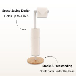 Space-saving toilet paper holder with felt pads under bamboo base