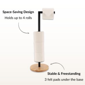 Space-saving black toilet paper holder with felt pads under bamboo base