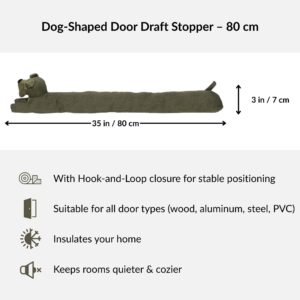 Product dimensions and features of dog-shaped draft stopper with measurements and icons