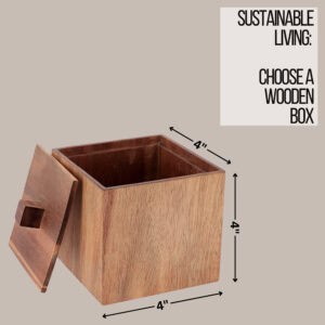 Wooden storage box with lid removed showing 4x4x4 inch dimensions