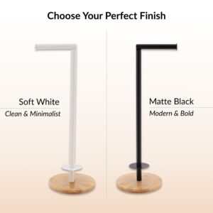 Toilet paper holder in white and black finishes with bamboo base
