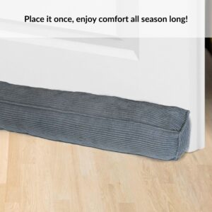 Draft stopper positioned snugly at door corner on light wooden floor for effective insulation