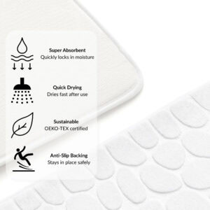 White pebble bathroom mat features – absorbent, quick dry, anti-slip backing
