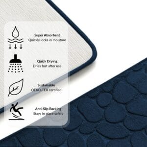 Navy blue pebble bathroom mat features – absorbent, quick dry, anti-slip backing