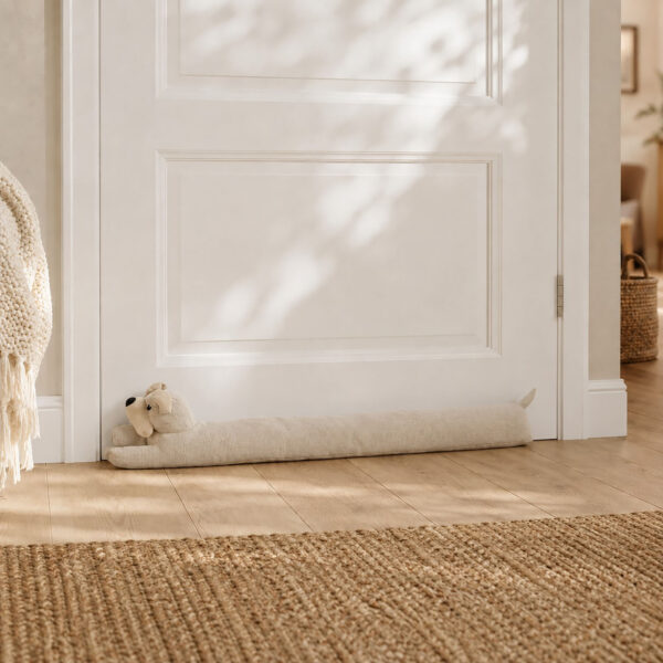 Beige dog draft stopper resting along the bottom of a white panel door on oak flooring beside a jute rug.