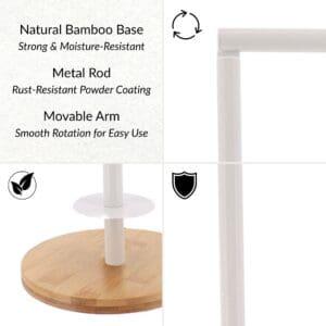 Bamboo base toilet paper stand with powder-coated metal rod and movable arm