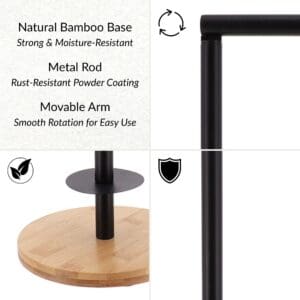 Bamboo base toilet paper stand with black powder-coated metal rod and movable arm