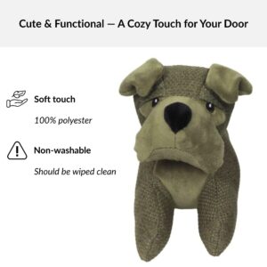 Detailed view of dog head draft stopper showing soft polyester texture and stitched features