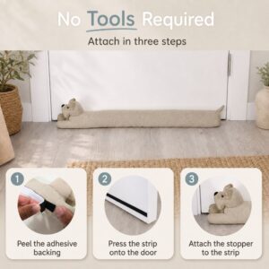 Three-step guide: peel the adhesive backing, press the strip onto the door, then attach the stopper to the strip.