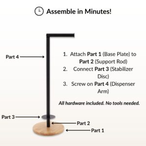 Easy-assembly black toilet paper holder with four labeled parts