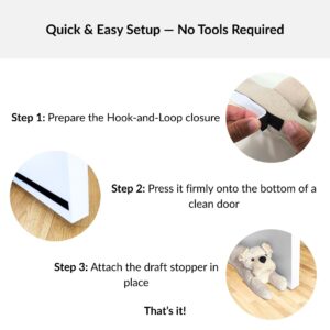 Step-by-step guide showing Hook-and-Loop closure installation of door draft stopper with close-up photos
