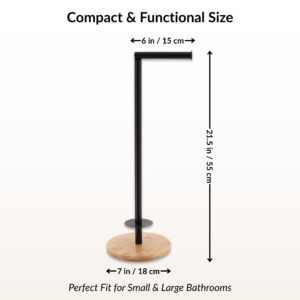 Black toilet paper holder dimensions showing height and base diameter