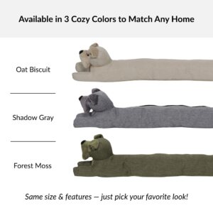 Three color options of dog draft stopper: Oat Biscuit, Shadow Gray, and Forest Moss side by side