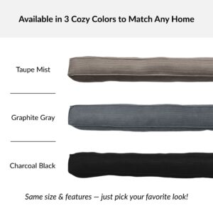 Three color options of corduroy draft stopper: Taupe Mist, Graphite Gray, and Charcoal Black side by side