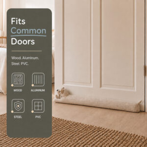 Dog draft stopper under a bedroom door, with icons showing it fits wood, aluminum, steel and PVC doors.
