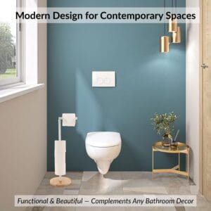 Modern toilet paper holder in stylish bathroom with blue wall and gold accents