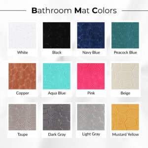 Pebble bathroom mat color options – white, black, navy, teal, copper, aqua, pink, beige, taupe, gray, yellow