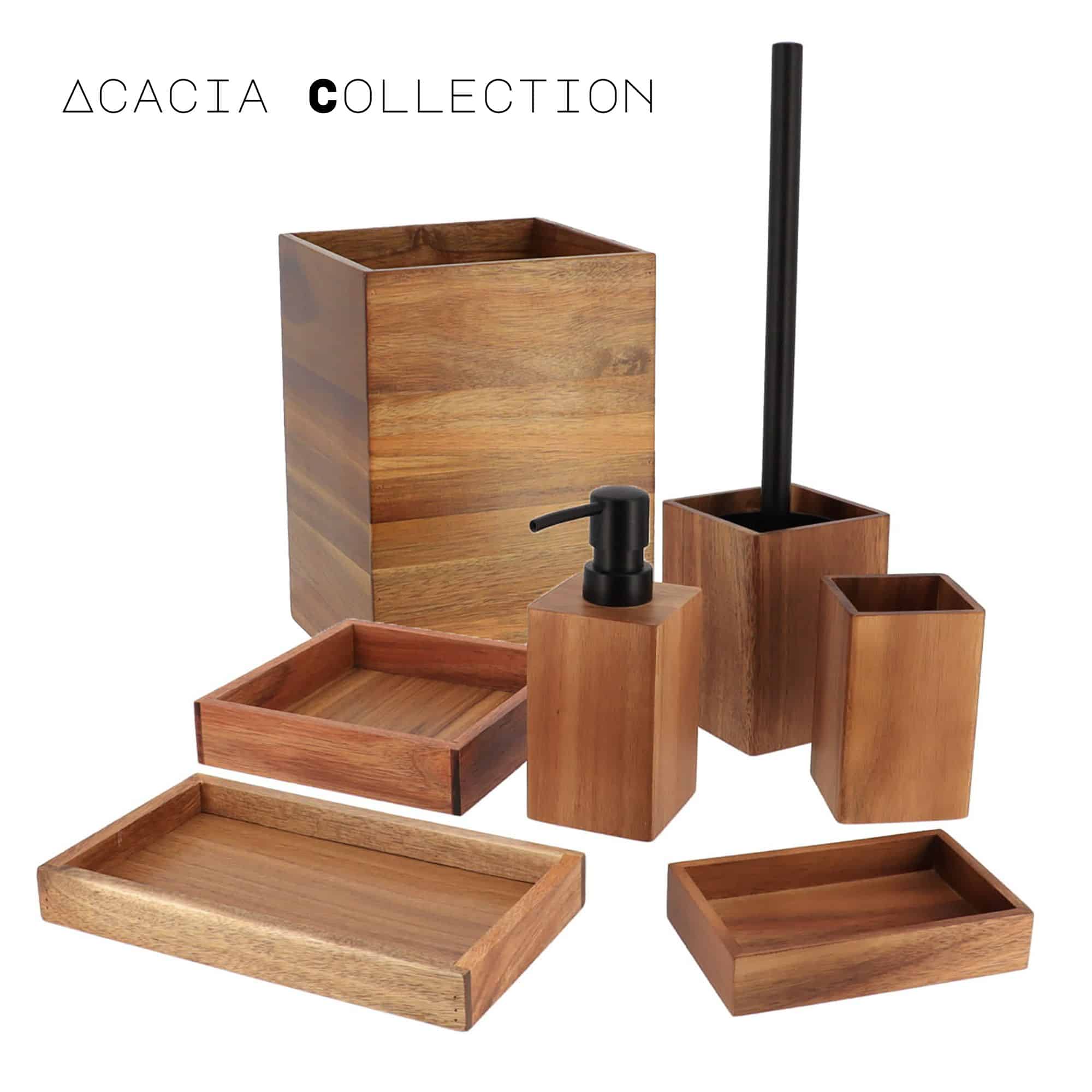 “Full acacia bathroom accessory collection including dispenser, holders, tray, and waste bin”