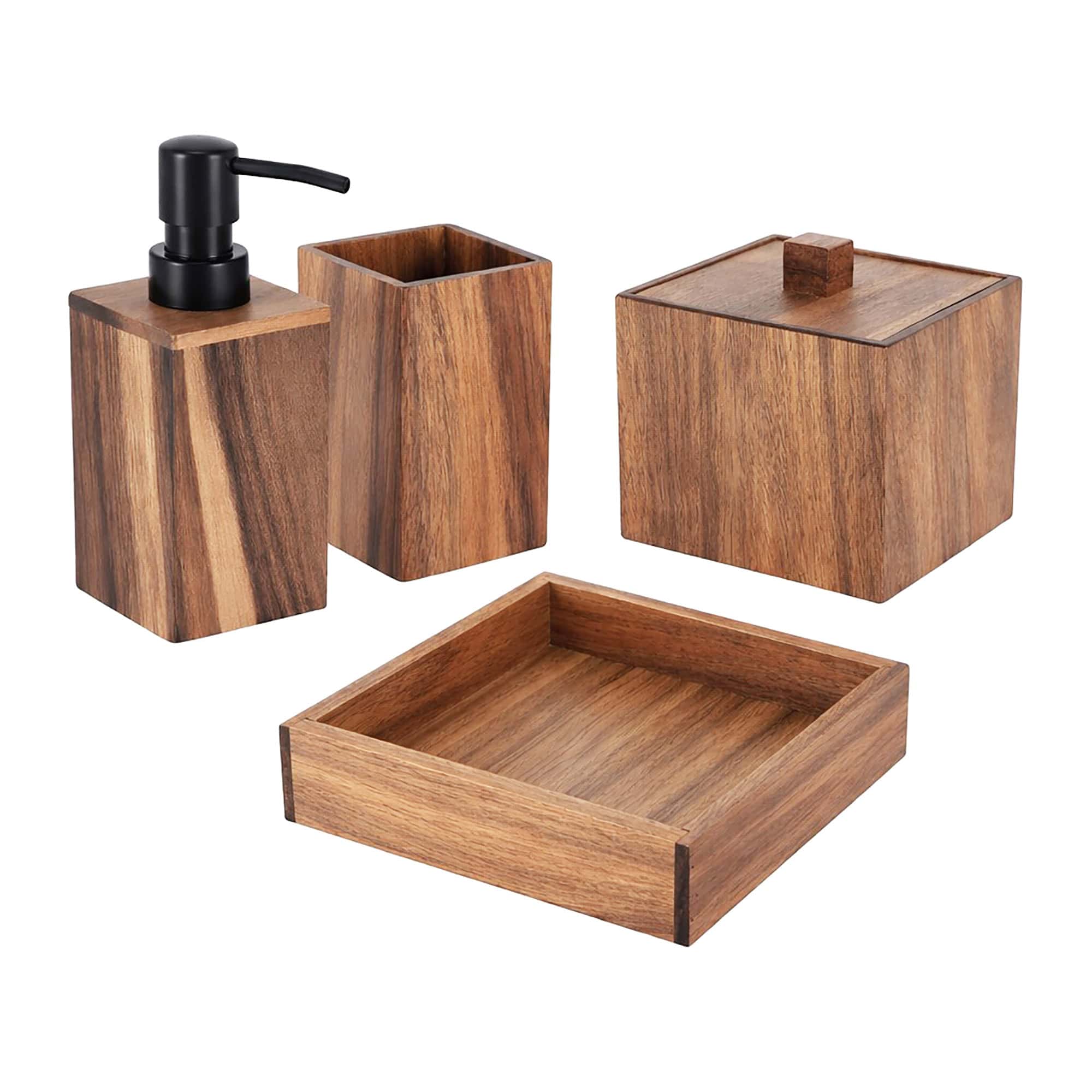 Acacia wood bathroom accessory set with soap dispenser tumbler cotton box tray