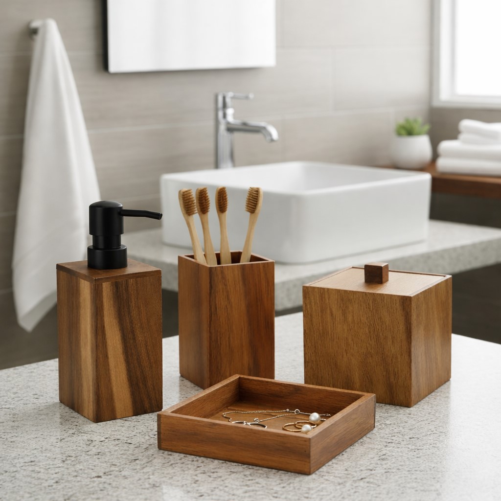 Wooden bathroom set on countertop with toothbrush holder soap dispenser tray