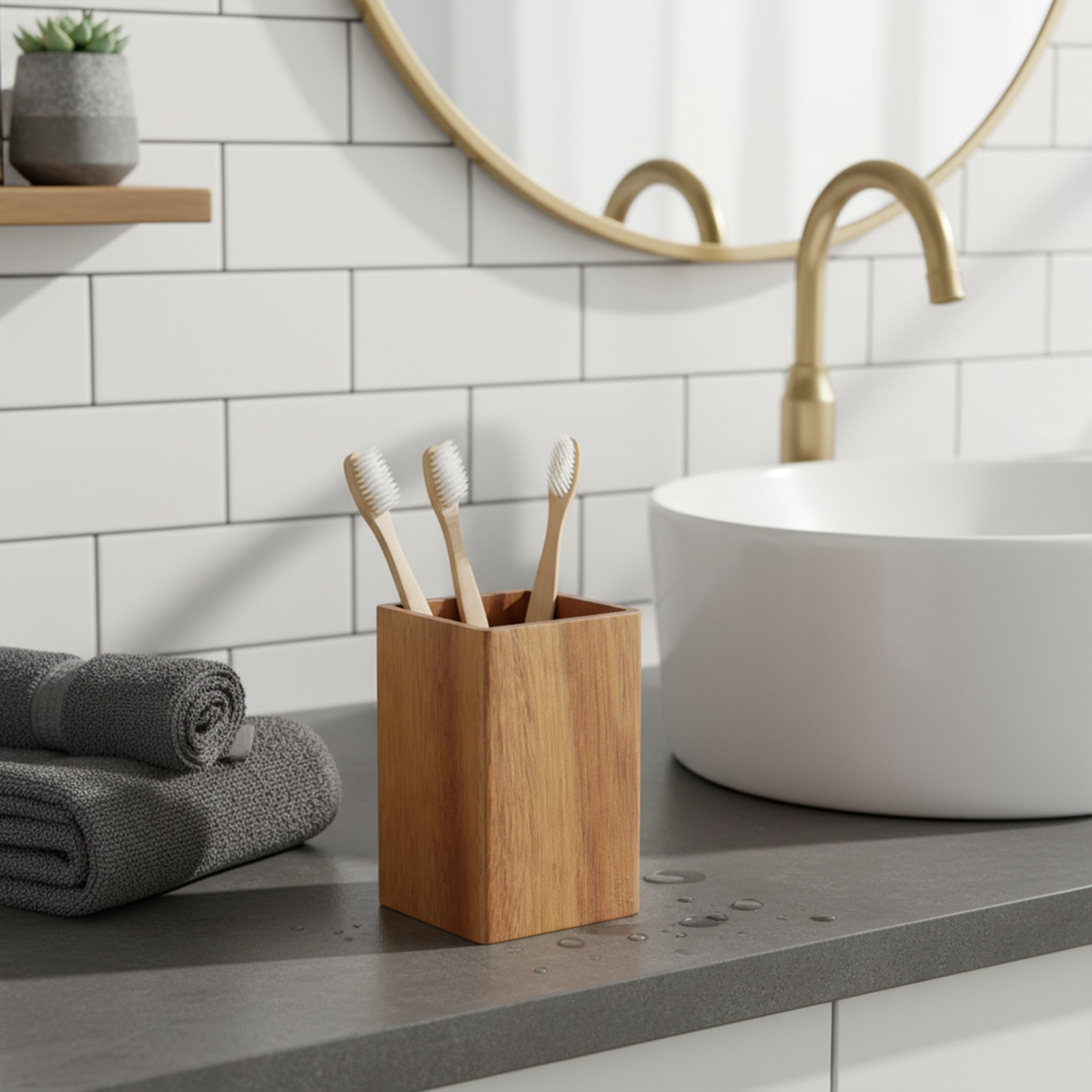 Acacia wood tumbler with bamboo toothbrushes near sink modern bathroom