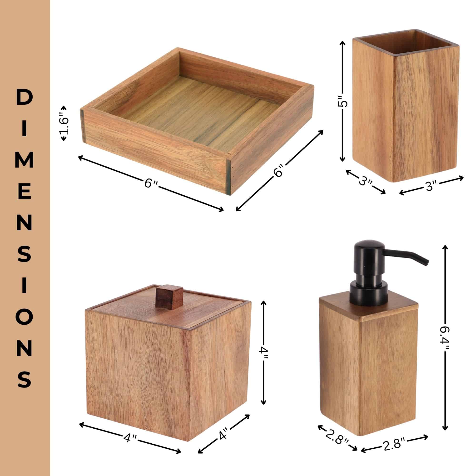 Bathroom accessories dimensions infographic acacia wood set measurements