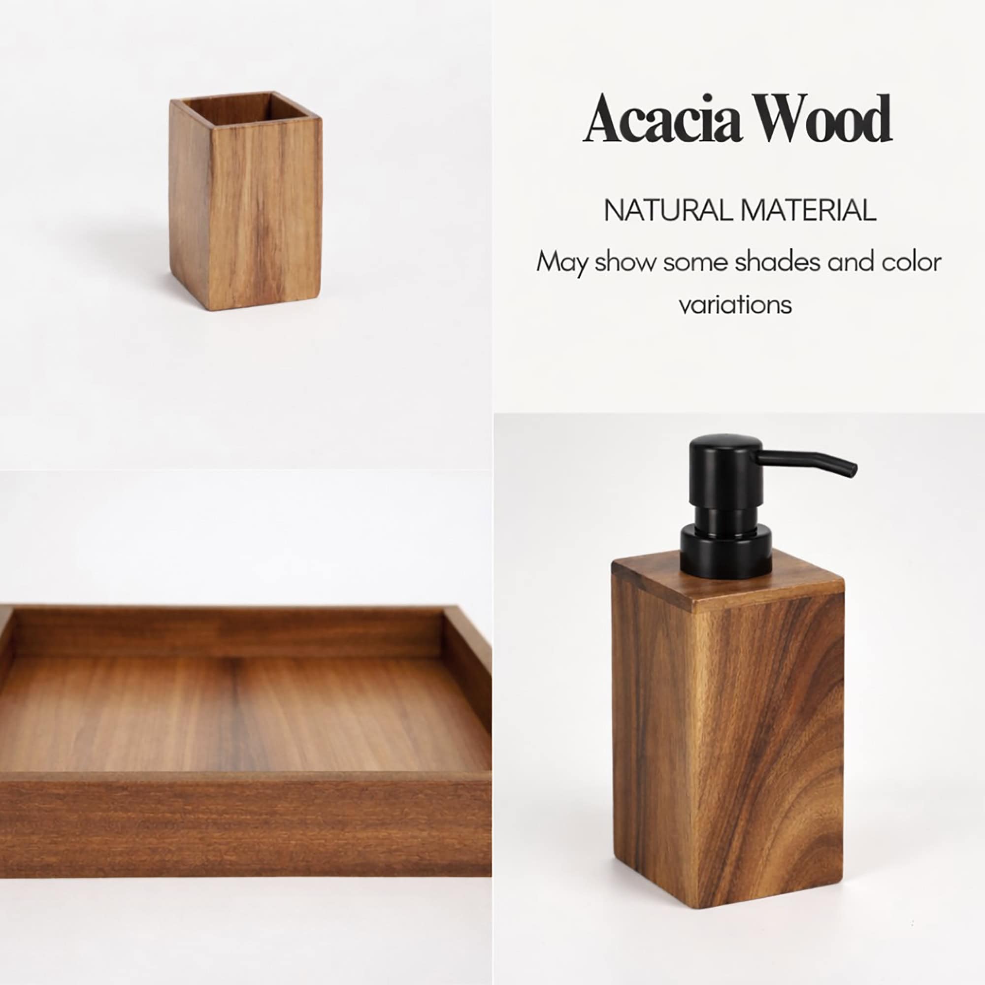 Close up acacia wood texture grain detail bathroom accessories