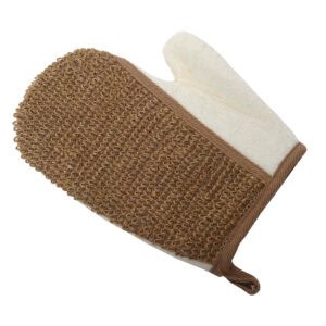 Dual-sided exfoliating mitt with brown textured side and white terry cloth side