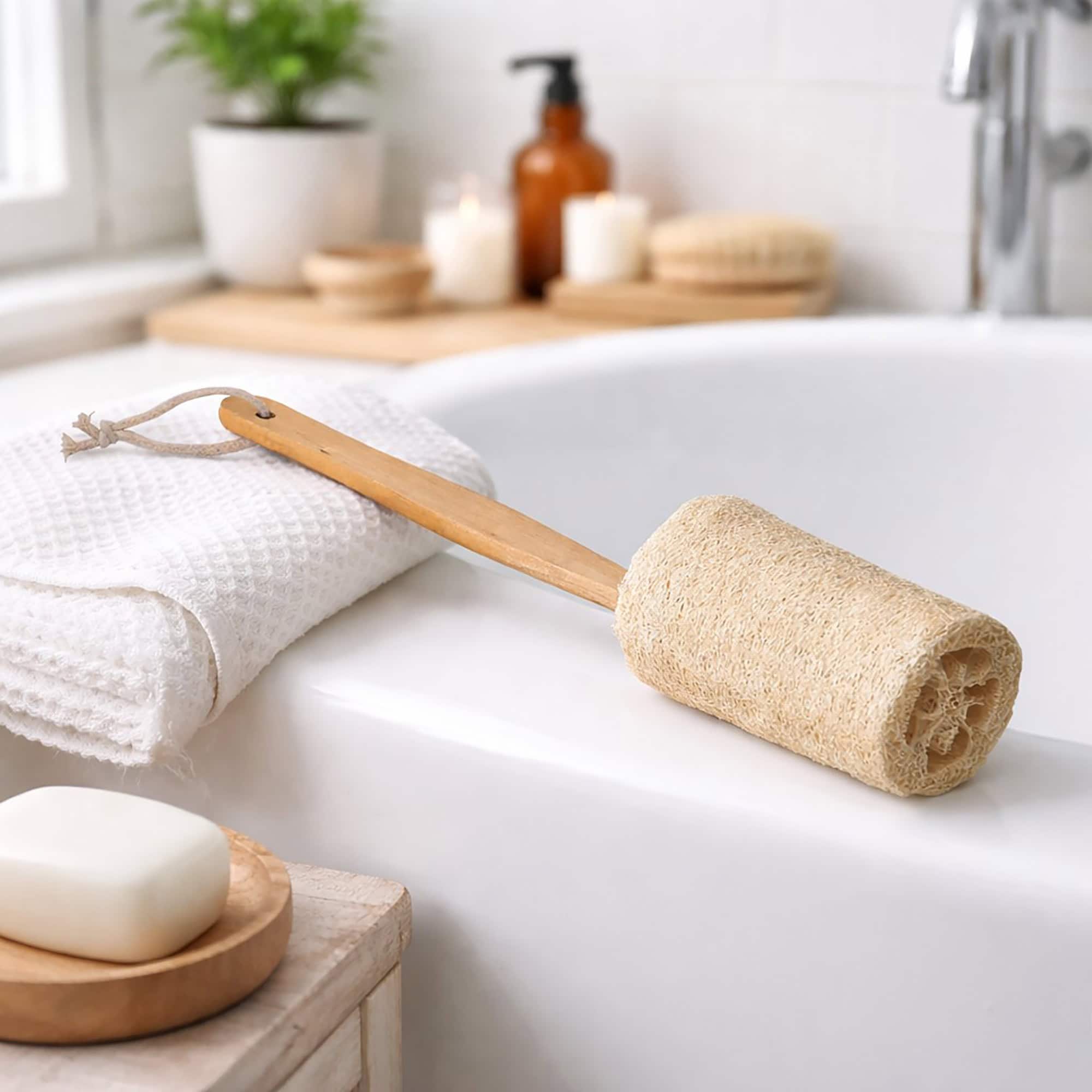 Natural loofah back scrubber with a wooden handle resting on a white bathtub ledge, with a folded towel, bar soap, and bath accessories nearby.