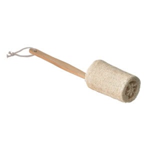 Natural loofah back scrubber with cylindrical sponge head and long wooden handle with rope loop