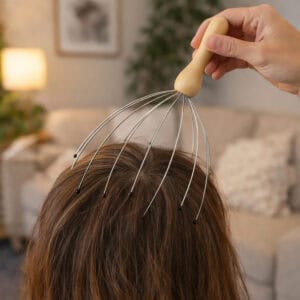 Hand using a wooden-handled scalp massager with flexible metal prongs on the top of a person's head.