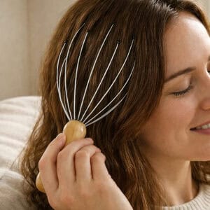 Woman with eyes closed using a wooden-handled scalp massager with flexible metal prongs on the side of her head.