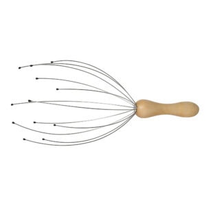 Head massager with wooden handle and multiple flexible metal wire prongs with rubber tips