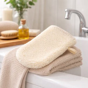 Cream terry cloth bath mitt with a hanging loop resting on a folded towel on a bathtub ledge, with a brush, essential oil, and candle in the background.